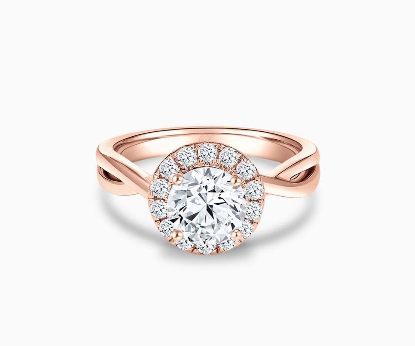 round diamond halo engagement ring set in rose gold with a twisted plain band design