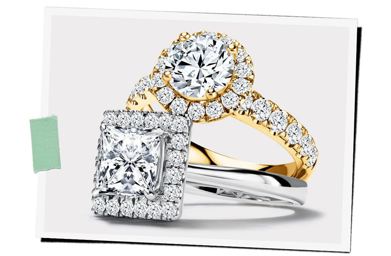 stunning white gold princess cut halo diamond engagement ring and yellow gold round halo diamond engagement ring