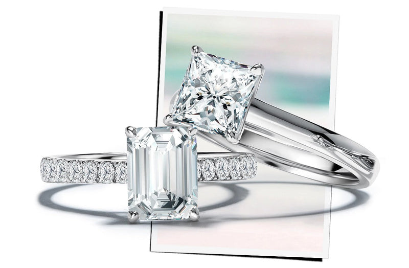White gold diamond engagement rings featuring a classic band design—one with a princess cut and the other with an emerald cut center stone.