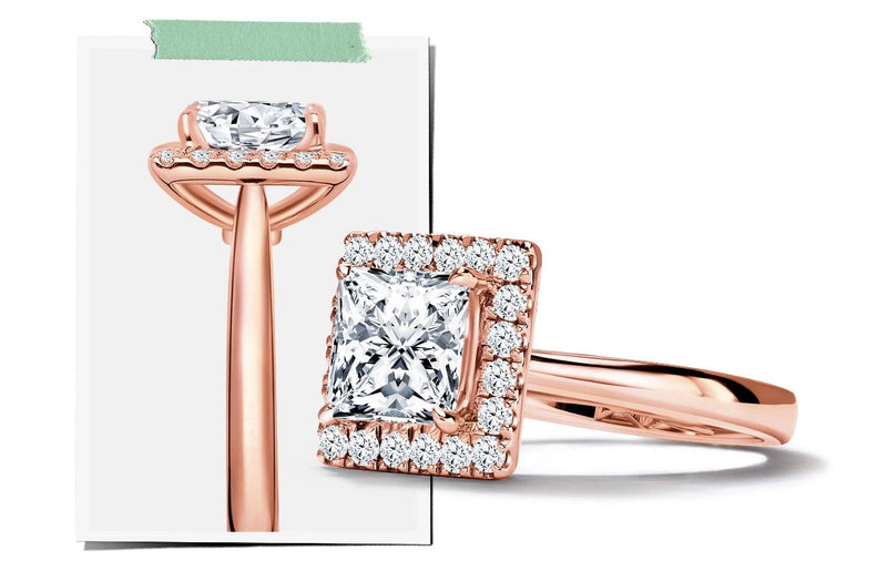 Rose gold princess cut halo diamond engagement ring with tapered band