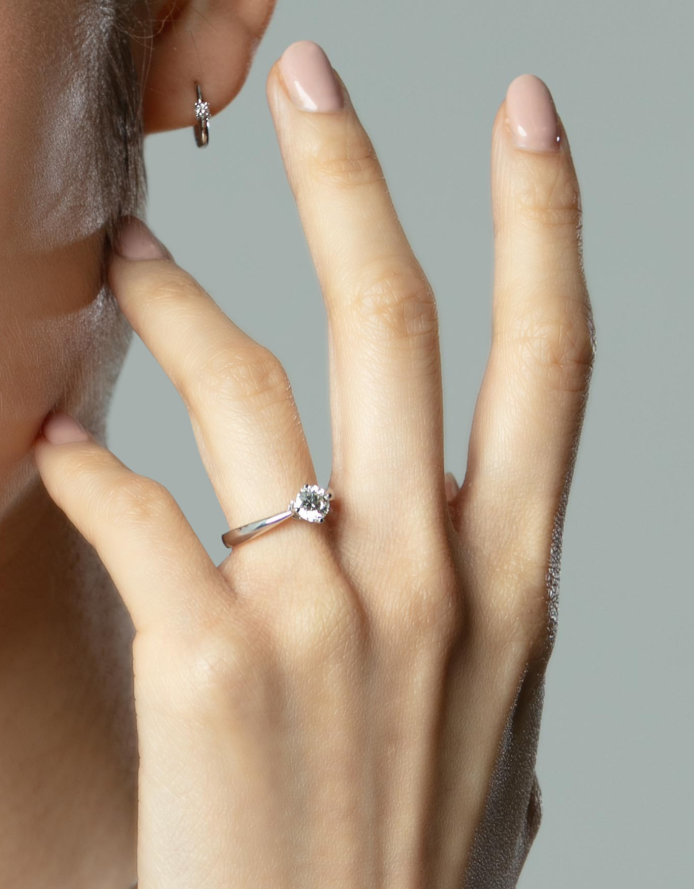 LVC a woman wearing the lab grown solitaire diamond ring from the say love collection on her ring finger