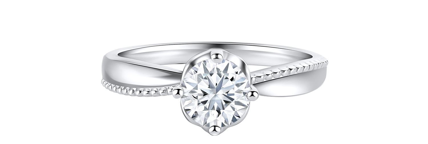 LVC a close up of the lab grown diamond ring with milgrain design in white gold