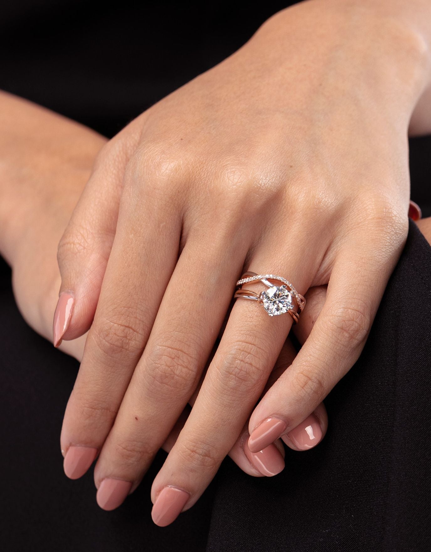 LVC lab grown diamond ring from the say love collection stackable look worn by a woman