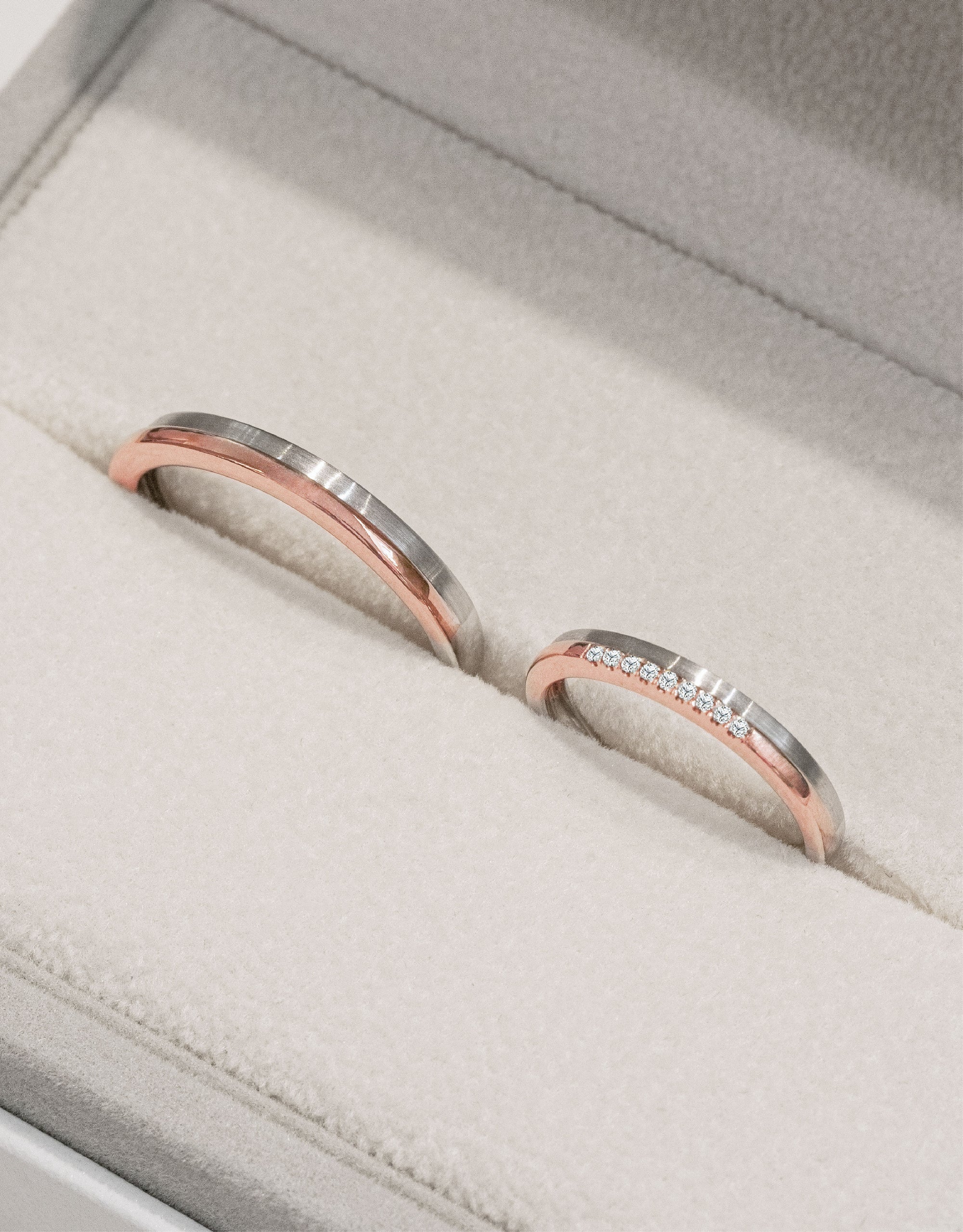 LVC Desirio Glimmering Promise Wedding Band in White and Rose Gold with Brilliant Diamonds