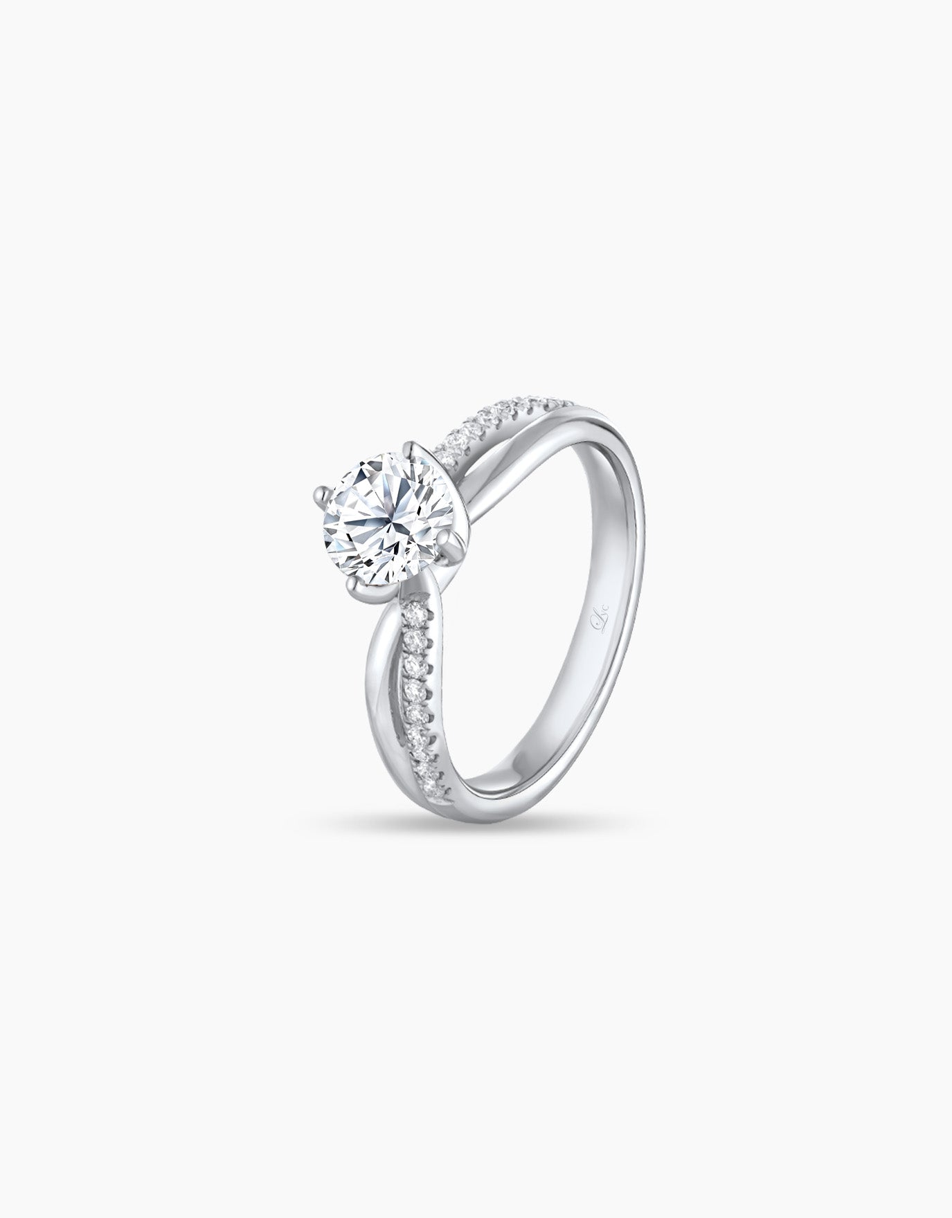 LVC lab grown diamond ring with two bands intertwining to form a cross in white gold with diamonds across it
