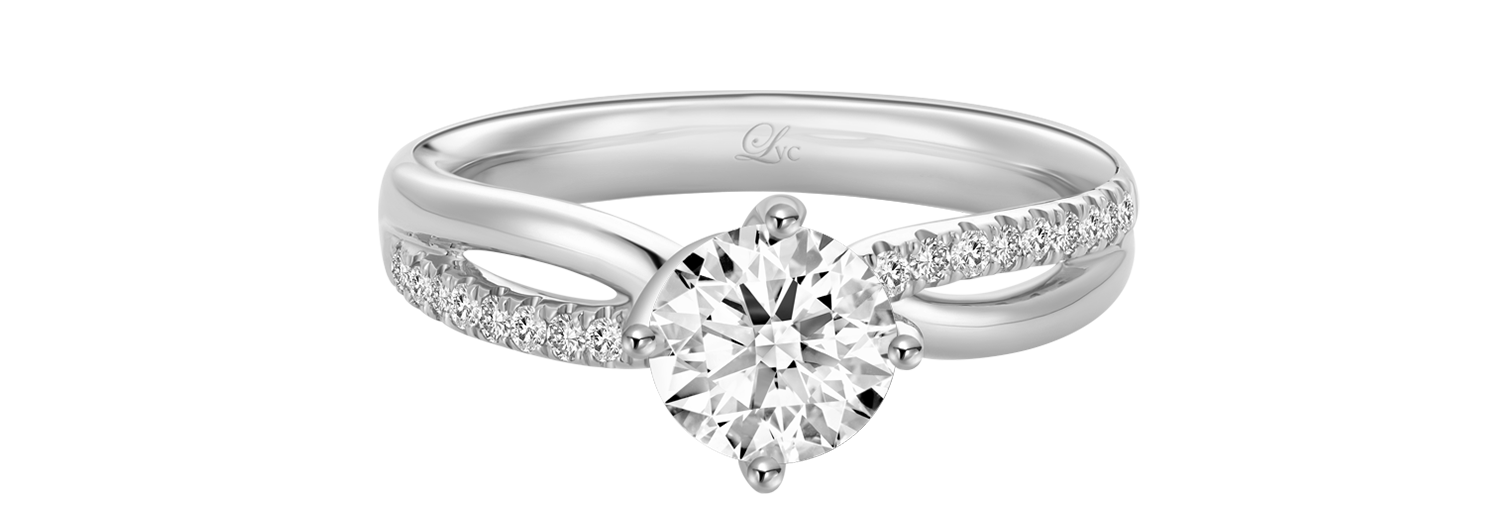 LVC a close up of the lab grown diamond ring in white gold with diamonds encrusted along the band