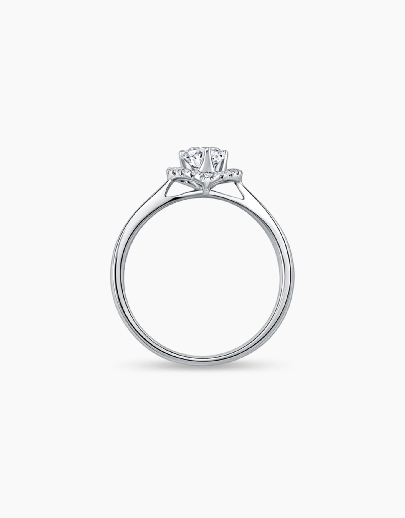 LVC lab grown diamond ring in white gold with the heart shaped halo as the prongs for the diamond