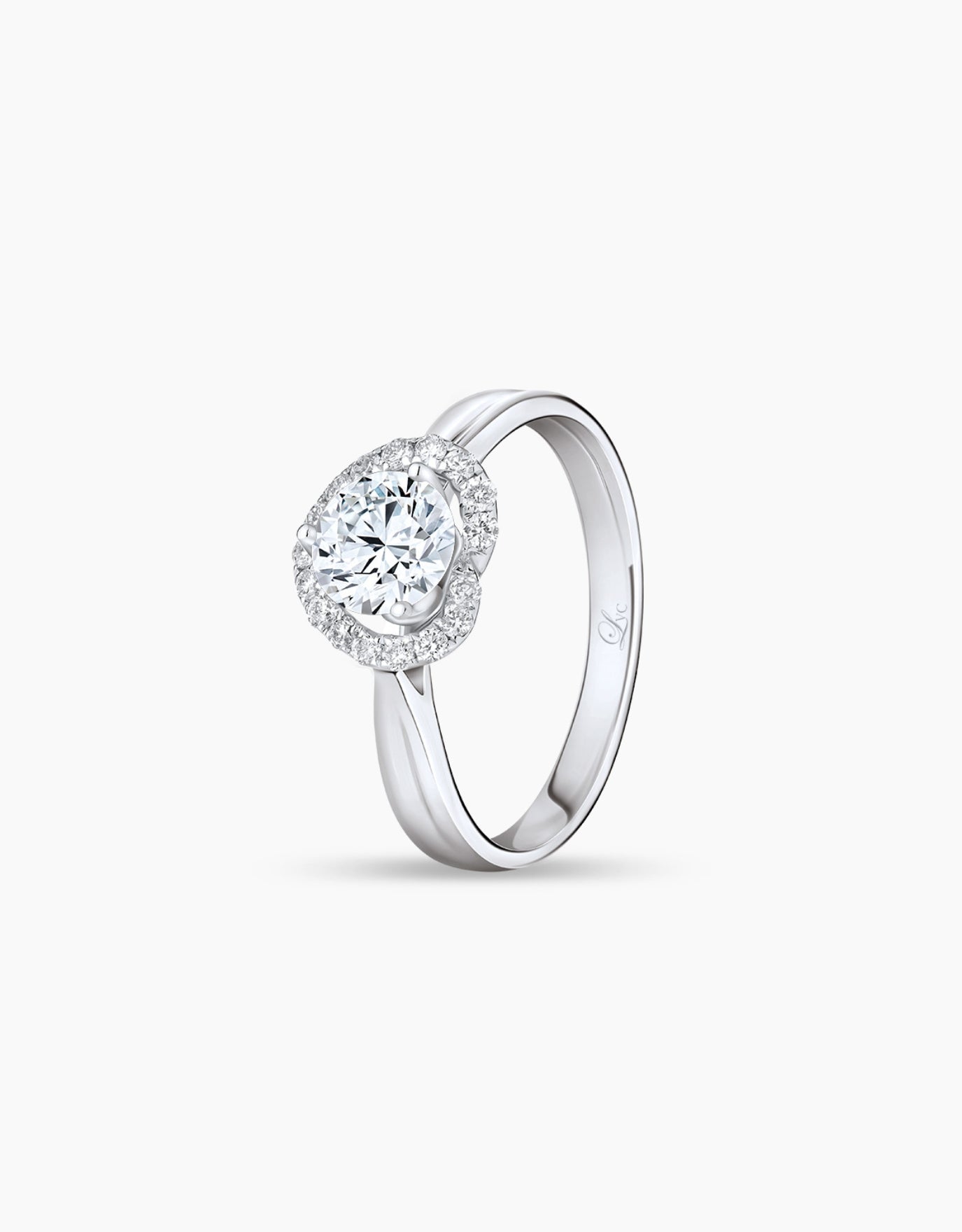 LVC lab grown diamond ring with a heart shaped halo around the diamond made with white gold