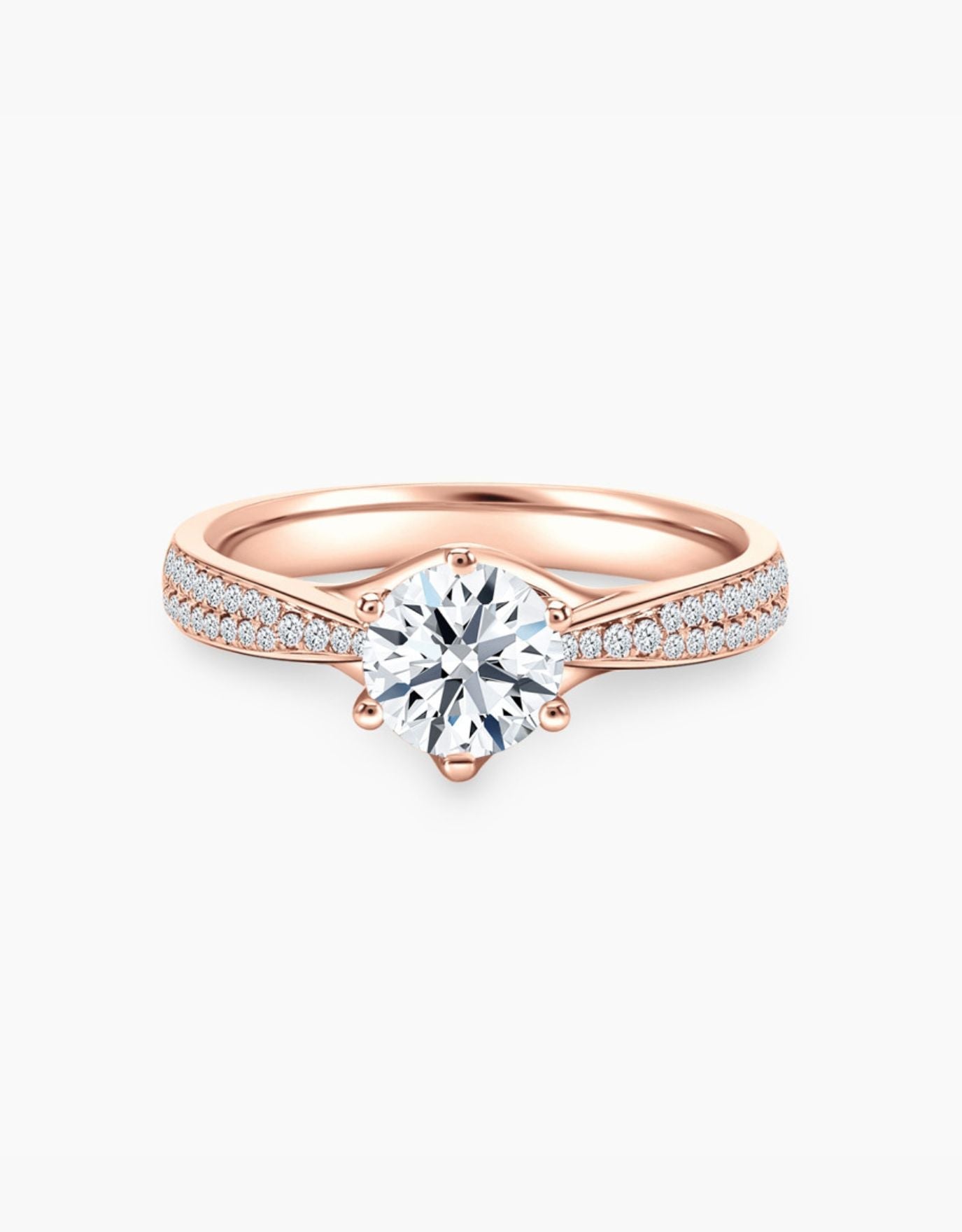 LVC lab grown diamond ring in rose gold with tapered paved band setting with 6 prongs
