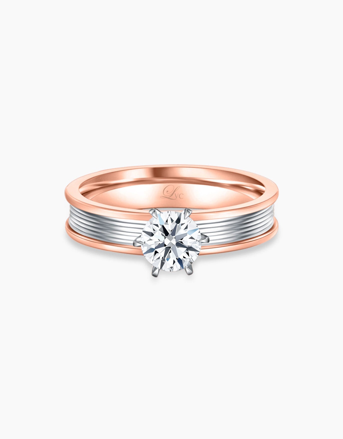 LVC lab grown diamond ring in a modern design in rose gold with 6 prongs holding the diamond