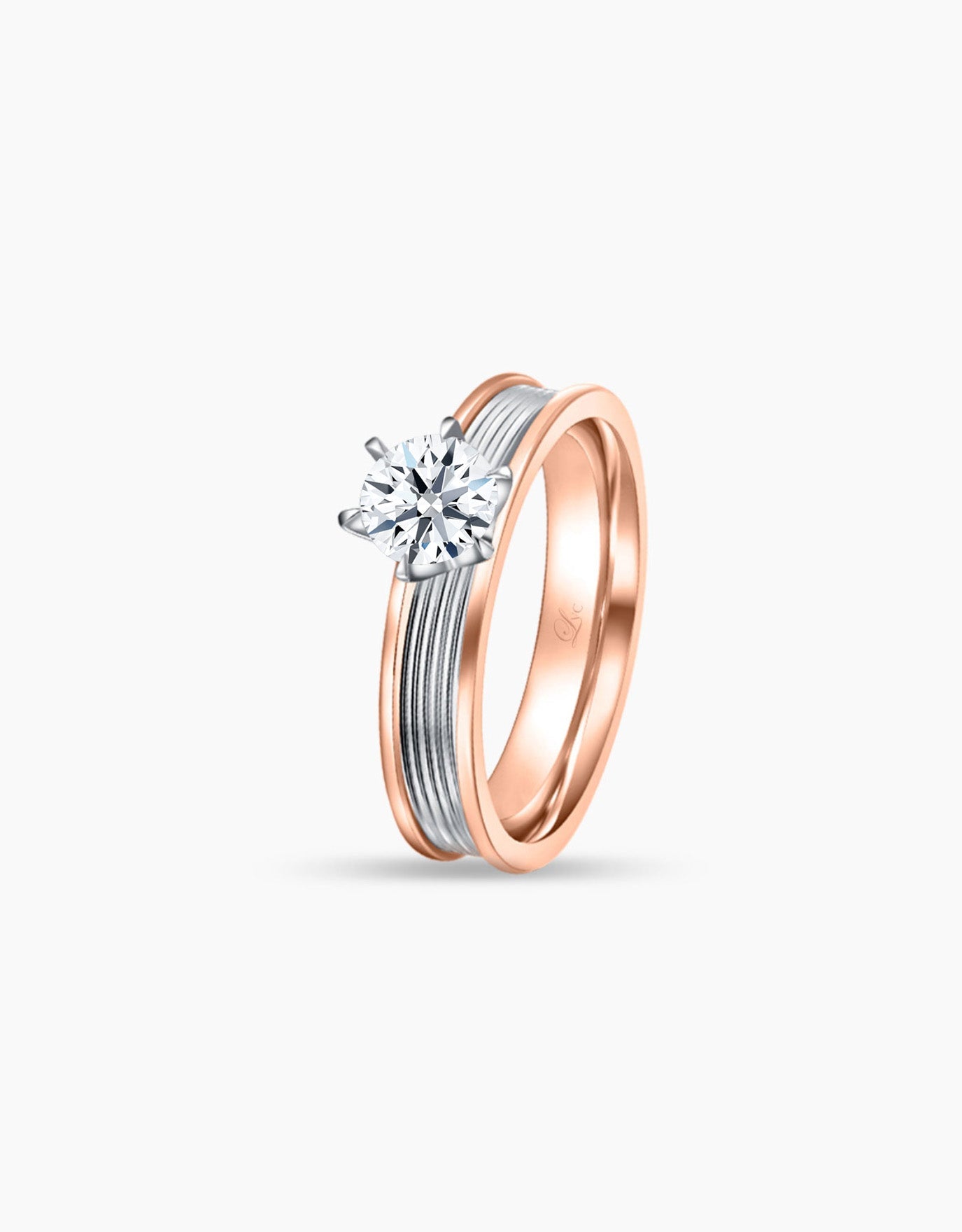 LVC lab grown diamond ring with rose gold material at the outer layer of the ring with a diamond and 6 prongs
