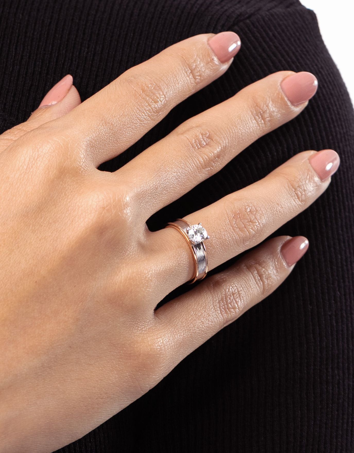 LVC lab grown diamond ring with white gold material worn on the ring finger of a woman