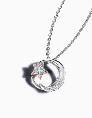 LVC necklace in white gold with a dazzling star and the moon encrusted with diamonds