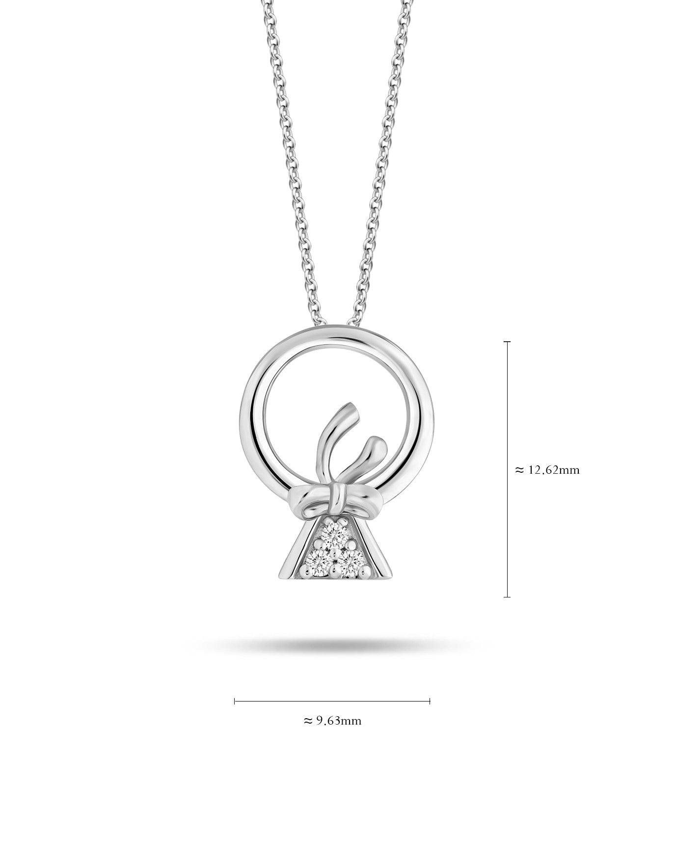 measurement of the LVC necklace in white gold features a dainty rose gold bow tied on the mini ring pendant