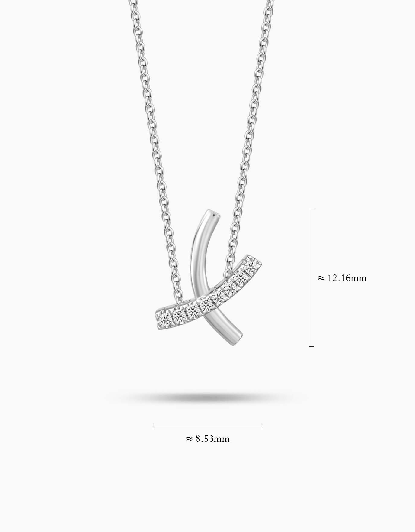 measurement of the LVC white gold necklace designed with 2 overlapping white gold curves into a delicate x