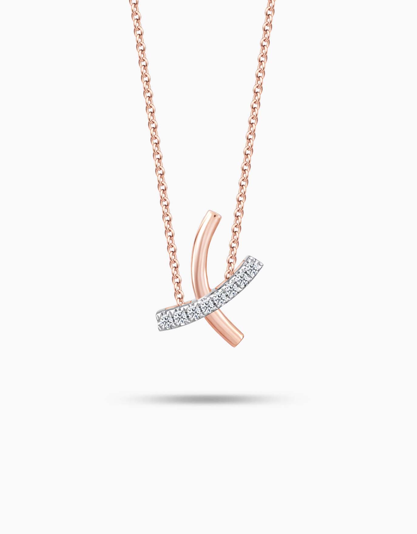LVC rose gold necklace designed with 2 overlapping rose gold curves into a delicate x
