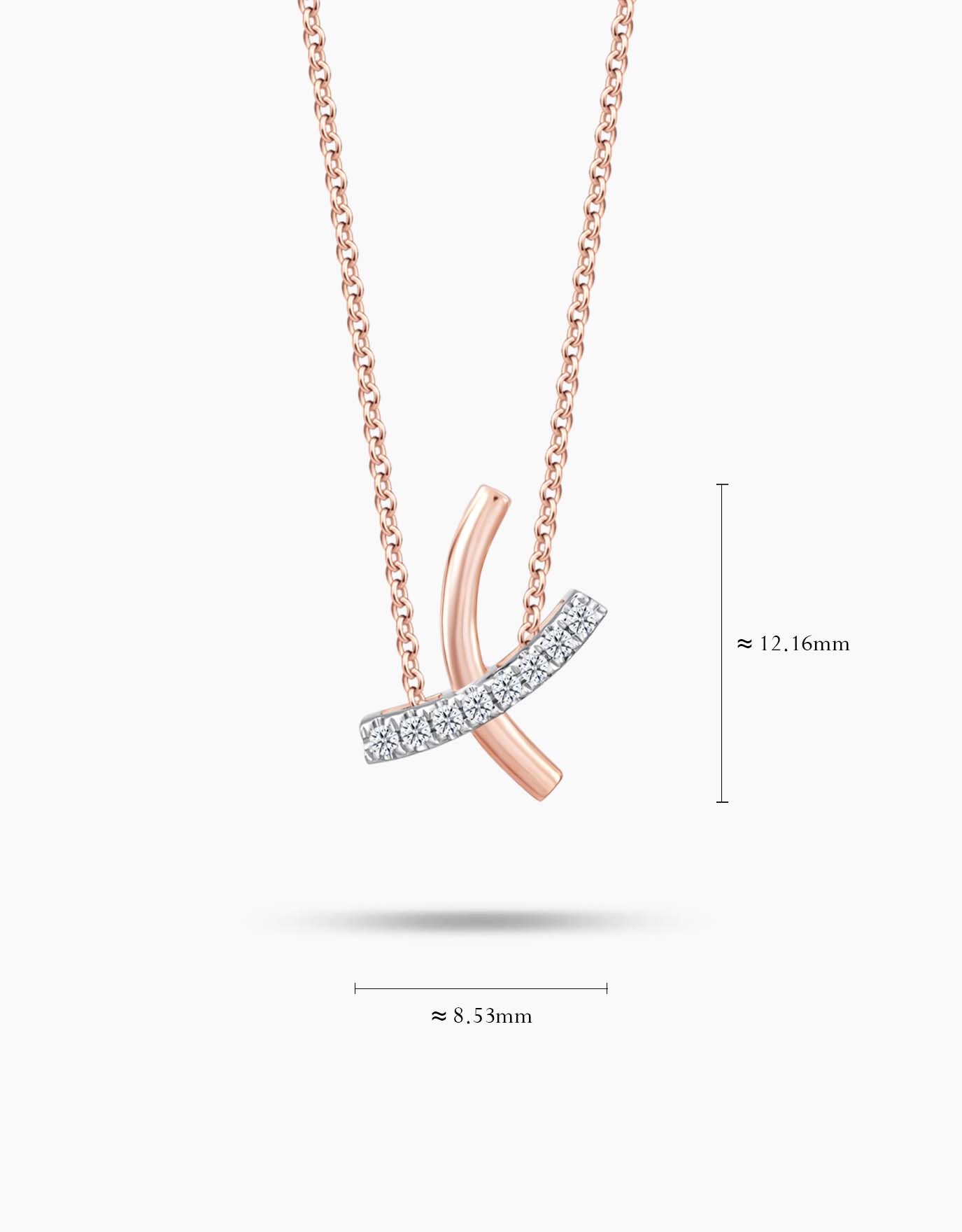 measurement of the LVC rose gold necklace designed with 2 overlapping rose gold curves into a delicate x
