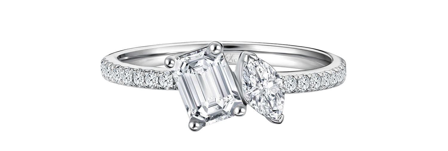 LVC a close up of the lab grown diamond ring in white gold with an emerald and a marquise