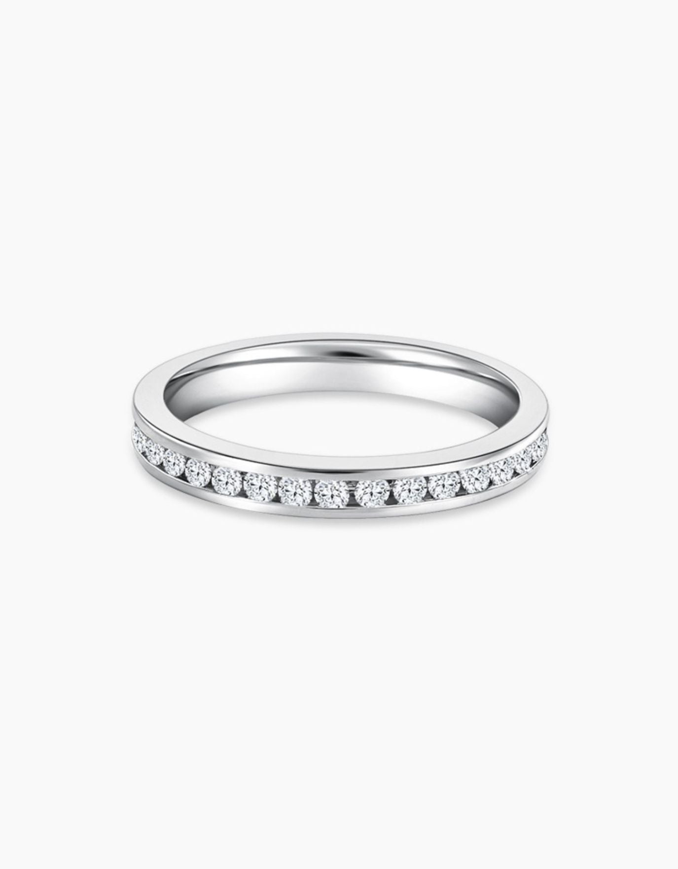 LVC wedding band lined with a continuous, unbreakable ring of brilliant diamonds seen from different angle