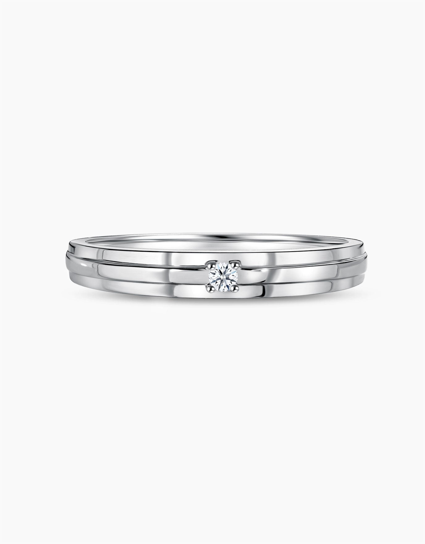 LVC mens diamond ring in 14k white gold with three layered band in a glossy finish with one center diamond