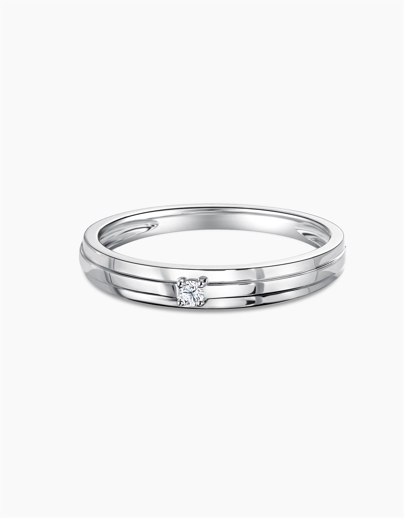 LVC mens diamond ring in 14k white gold with a glossy finish and three layered wedding band with one center diamond