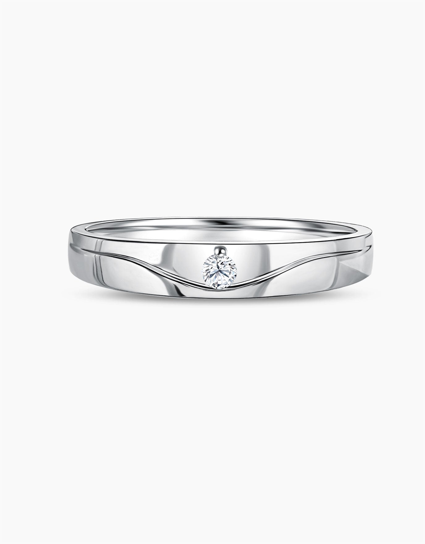 LVC mens diamond ring in 14k white gold with a curved line under the center stone diamond finished with a glossy finish