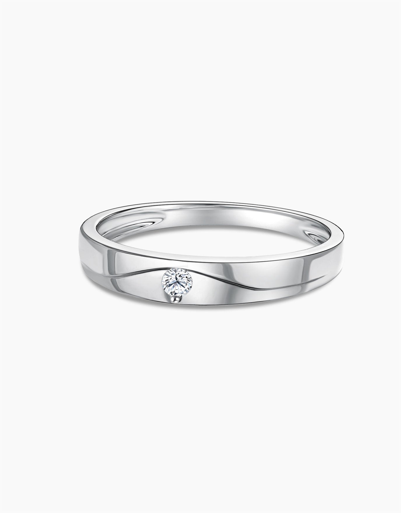 LVC mens diamond ring in 14k white gold crafted with a center diamond stone with a curved line underneath it