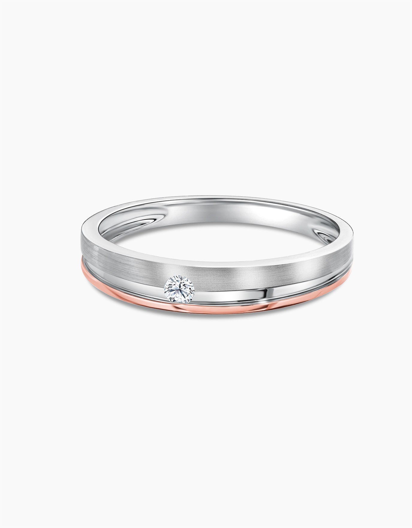 LVC wedding ring in 14k white gold and rose gold and a center diamond stone with a glossy and matte finish