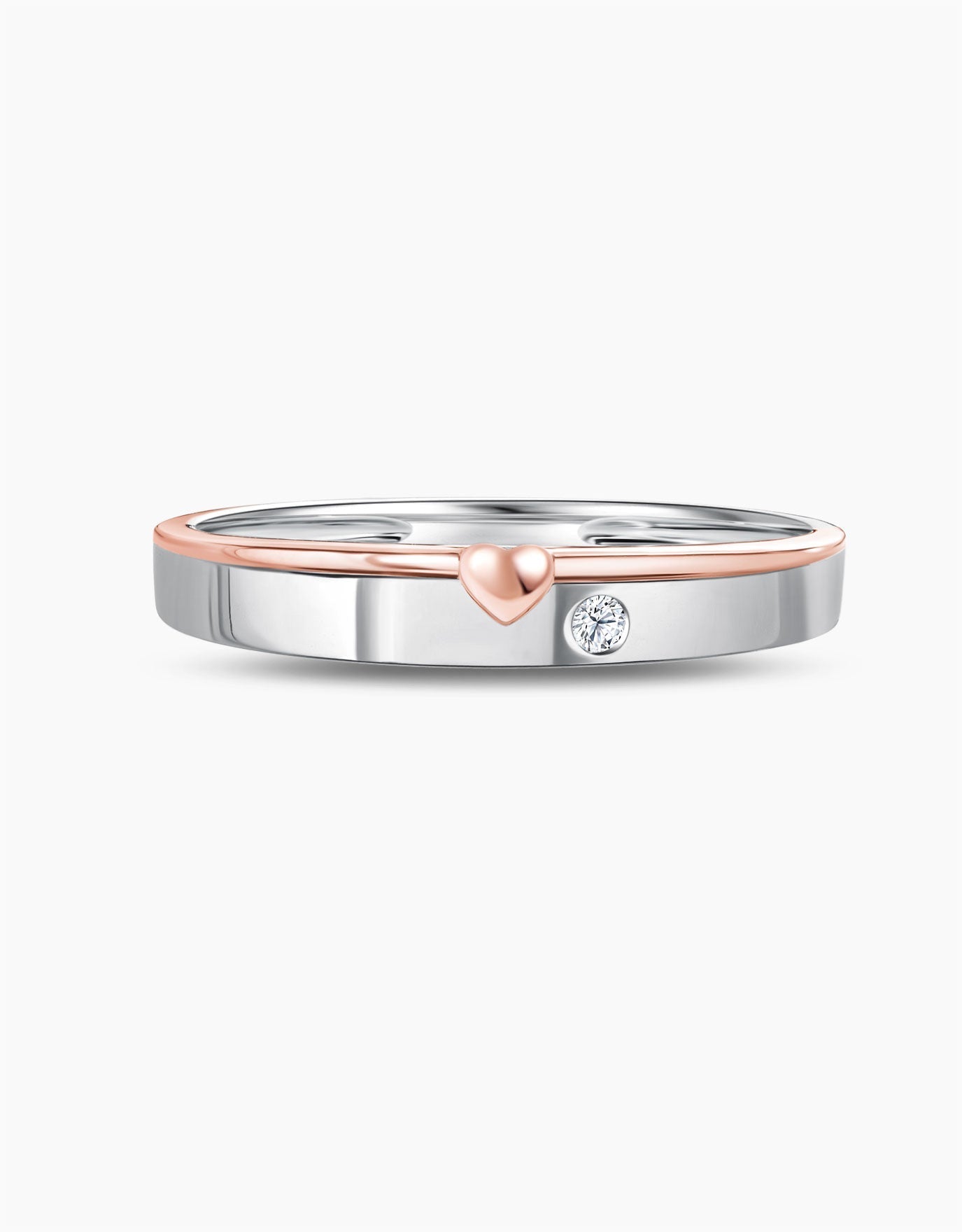LVC mens diamond ring in 14k white gold and rose gold and a heart shaped near the center diamond stone