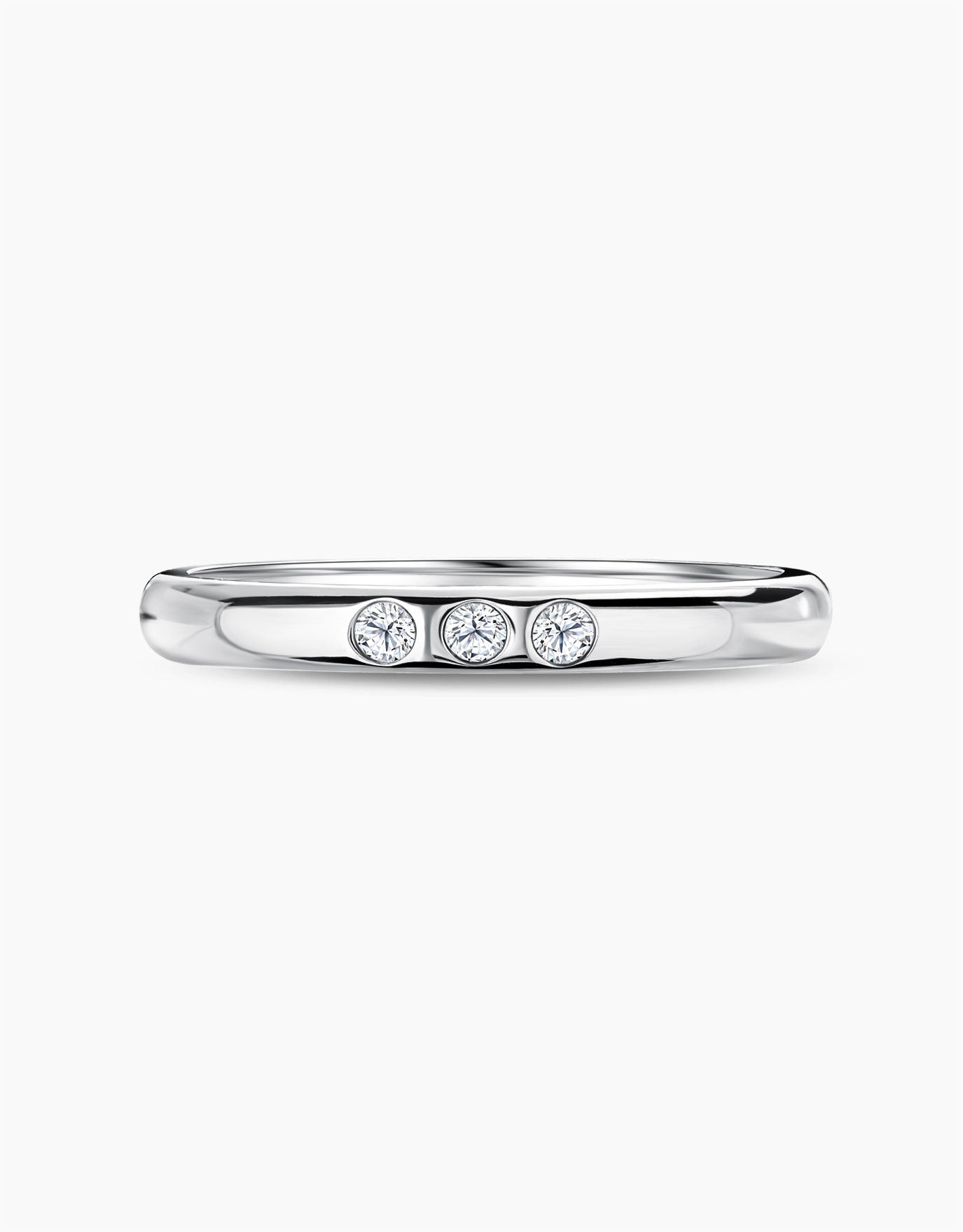 LVC white gold ring with three diamonds in the center of the glossy finish ring