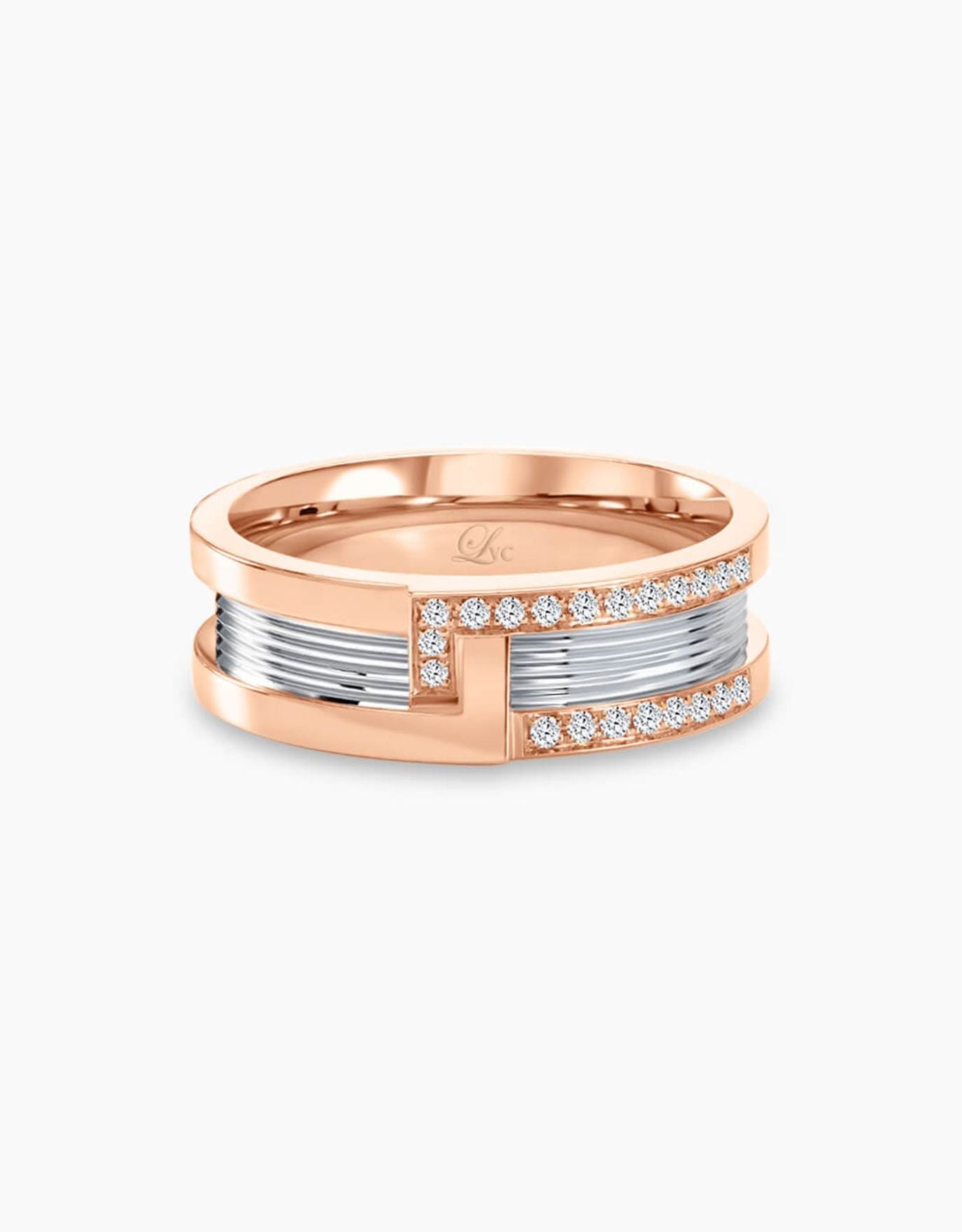 LVC wedding band in rose gold with diamonds fitted with our signature bolt and nut look