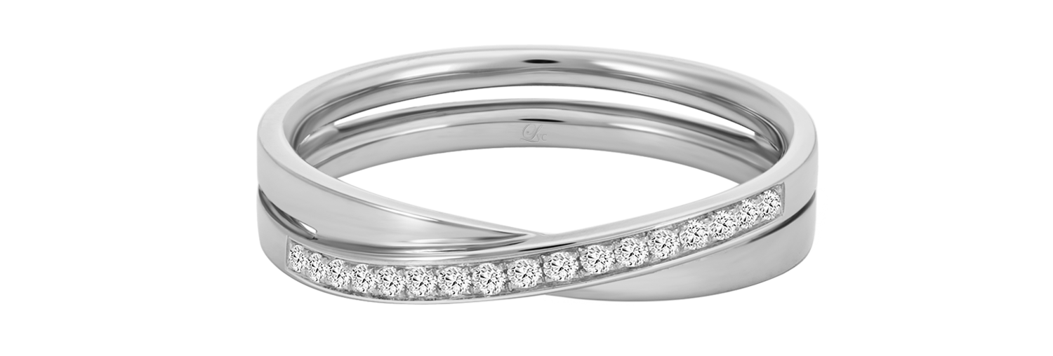 LVC wedding band in white gold designed with a unique cross on the band fitted with a row of stunning diamonds that runs across the ring close up