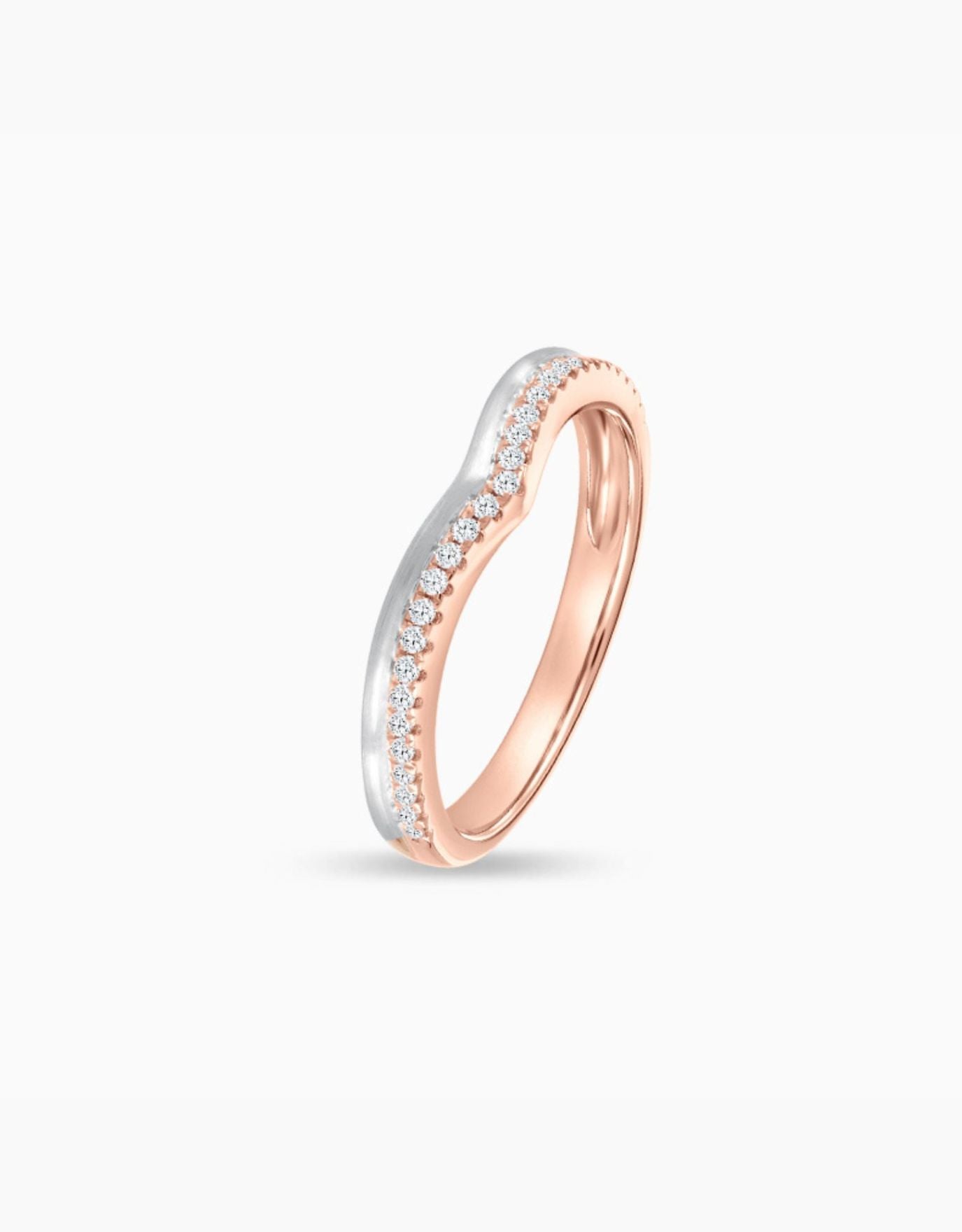 LVC wedding band in duo tones designed with a curved arc of round endless diamonds seen in another angle 