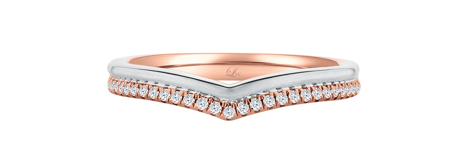 LVC wedding band in duo tones designed with a curved arc of round endless diamonds close up look