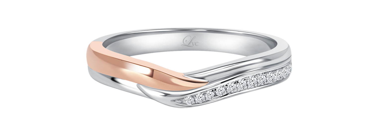 LVC a close up of the wedding ring designed with a curved arc in white and rose gold band