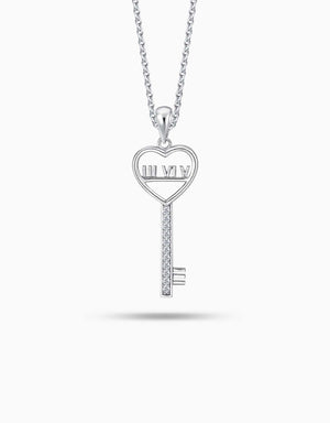 LVC necklace in white gold with a key pendant designed with roman numerals encrusted with a line of round diamonds
