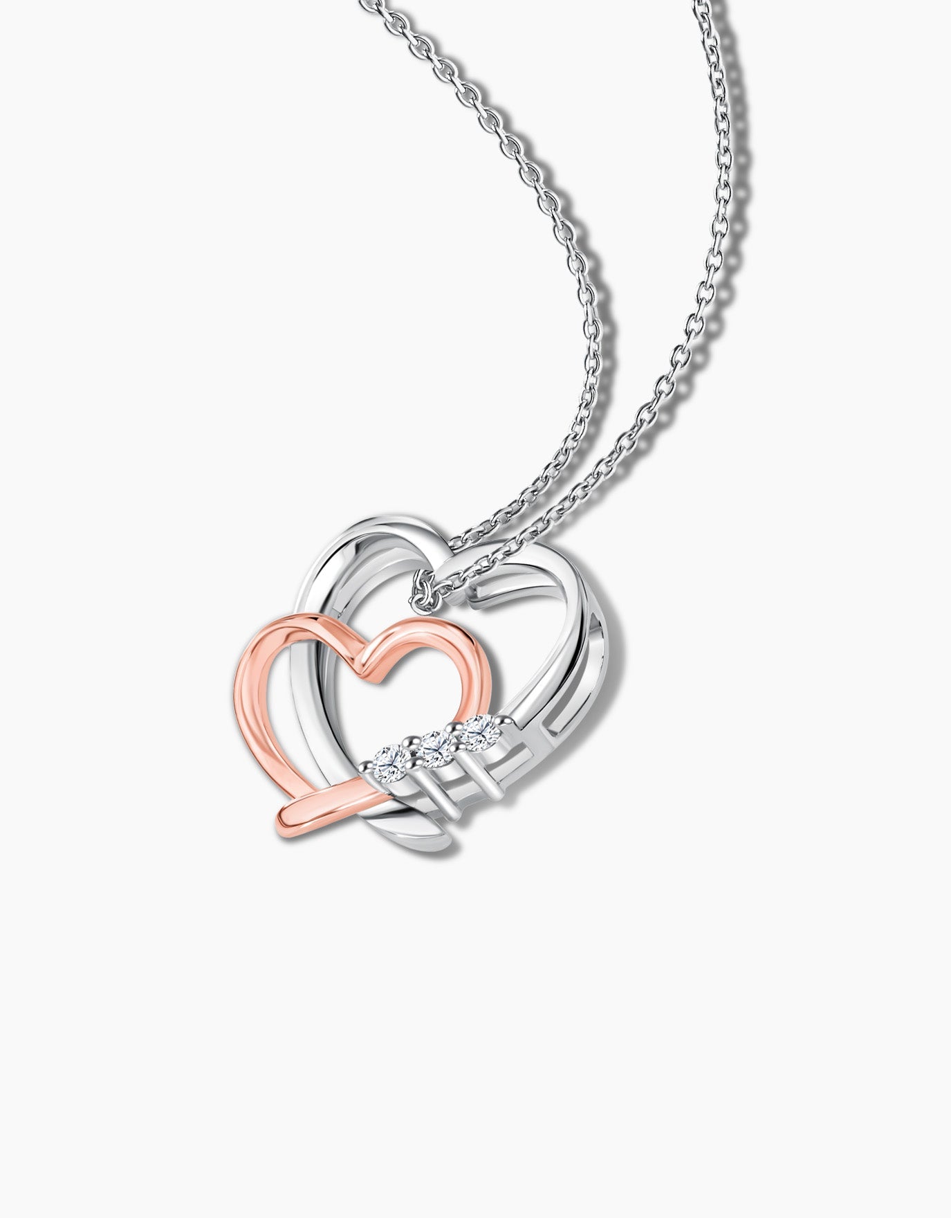 LVC diamond necklace designed with 2 interlocking hearts in white and rose gold