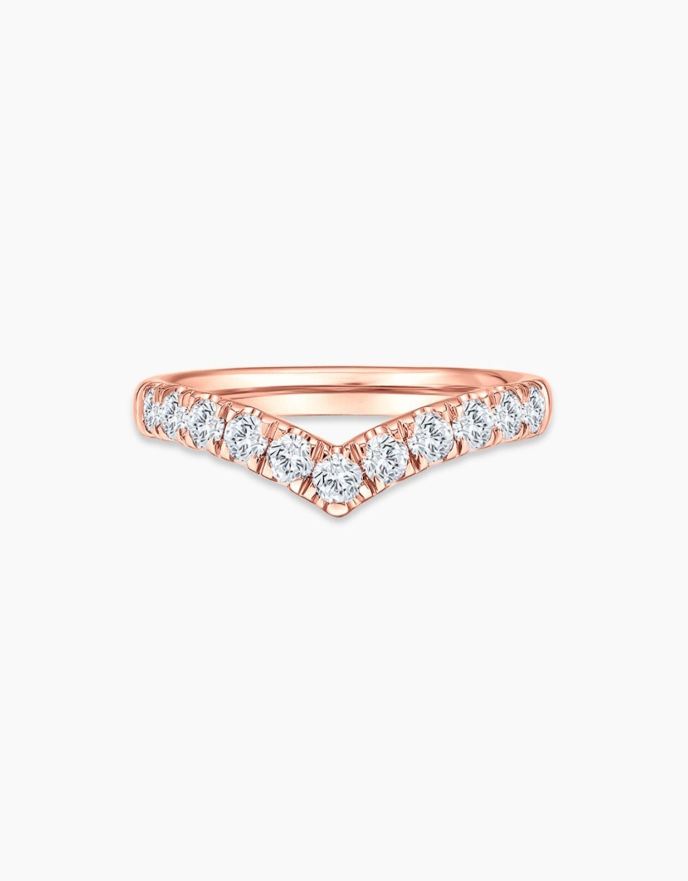LVC wedding band in rose gold crafted to be reminiscent of a classic V-line, and adorned with stunning diamonds