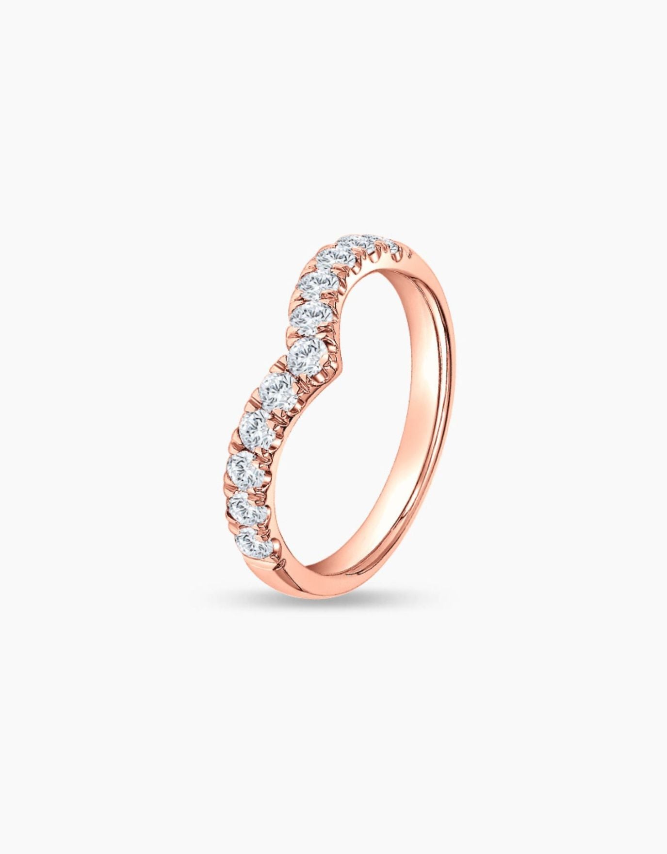LVC wedding band in rose gold crafted to be reminiscent of a classic V-line, and adorned with stunning diamonds seen from different angle