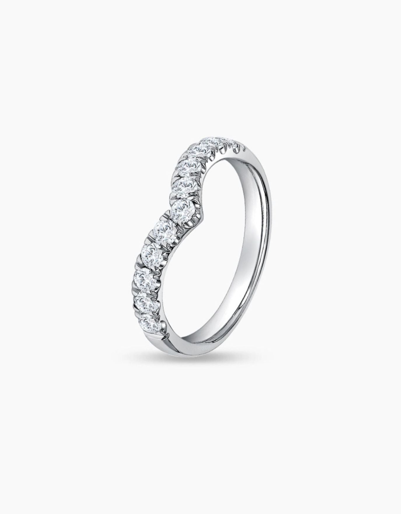 LVC wedding band in white gold crafted to be reminiscent of a classic V-line, and adorned with stunning diamonds seen from different angle