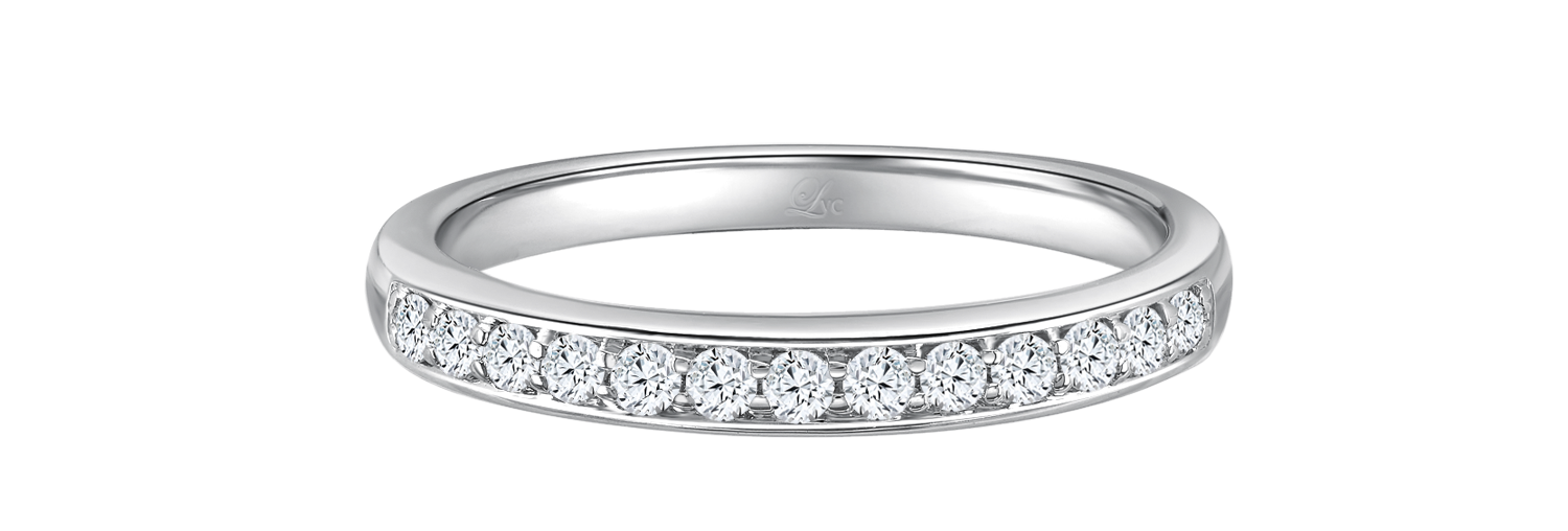 LVC Wedding Band in white designed with 13 endless diamonds close up 