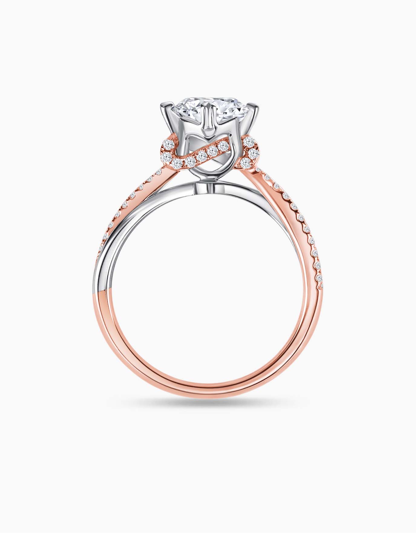 LVC lab grown diamond ring from the say love collection with white gold and rose gold and an infinity symbol as the cathedral of the ring