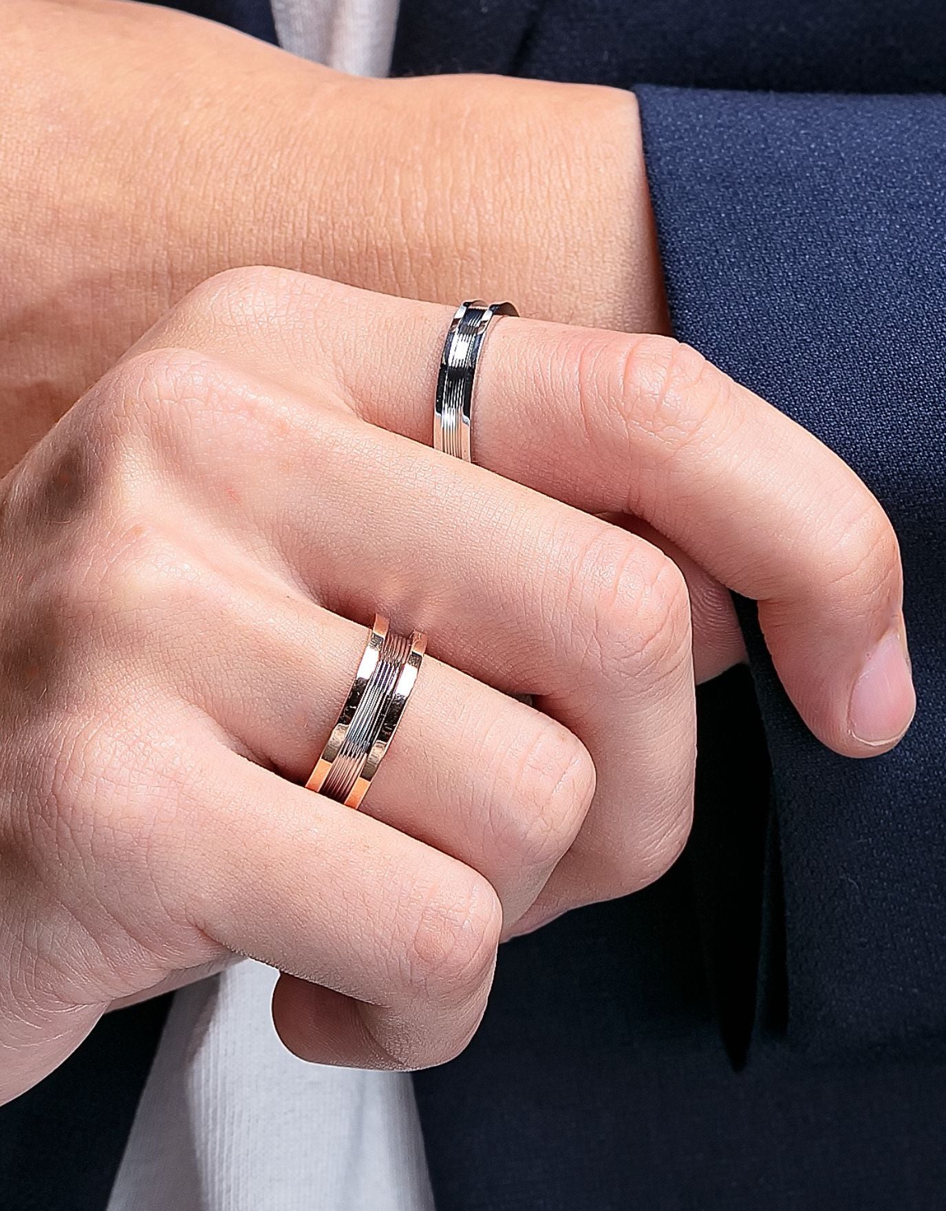 LVC men wedding band in white gold designed with a slim finish, perfect for those looking for a subtle contemporary design worn on ring finger 