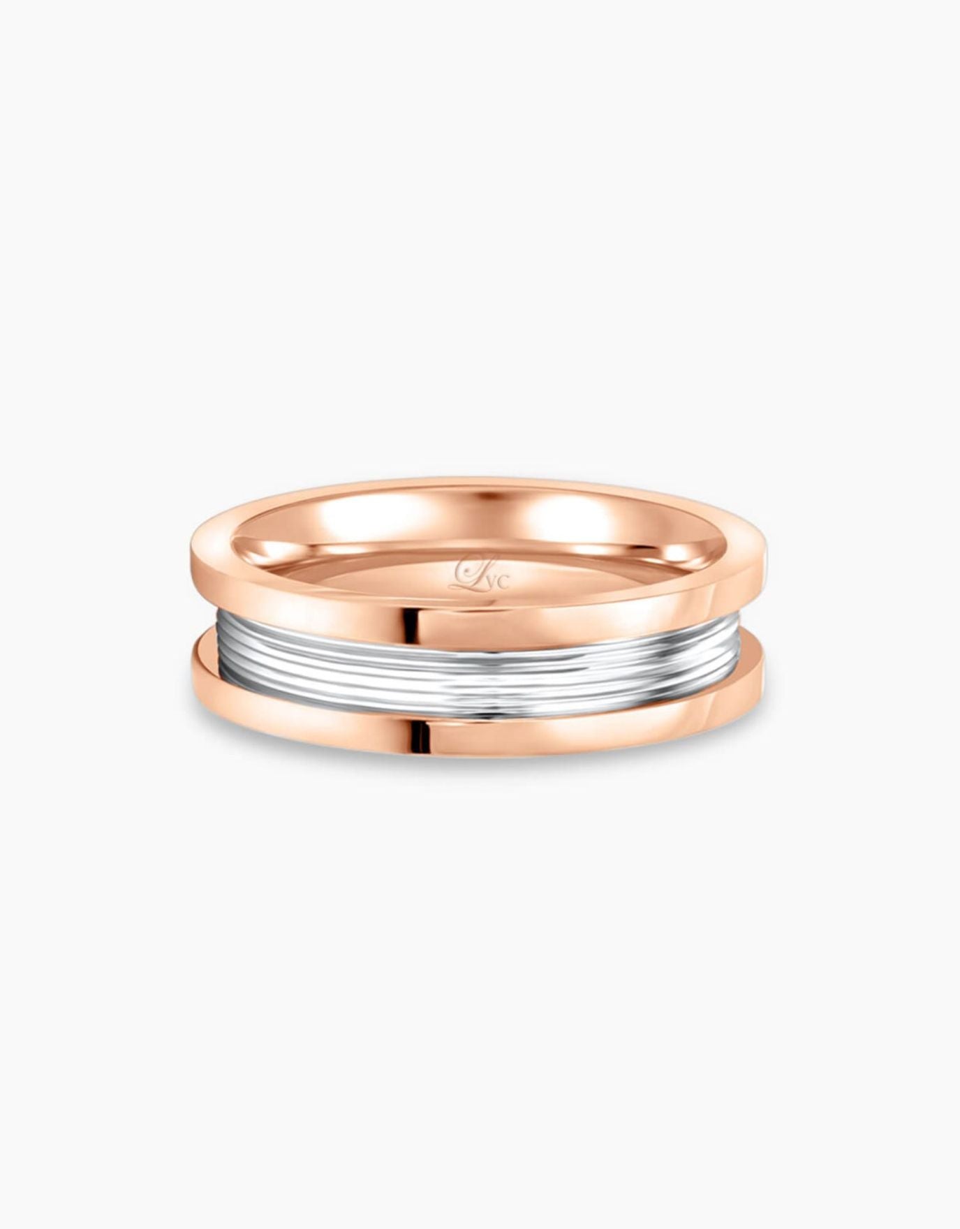 LVC men wedding band in white and rose gold designed with a slim finish, perfect for those looking for a subtle contemporary design