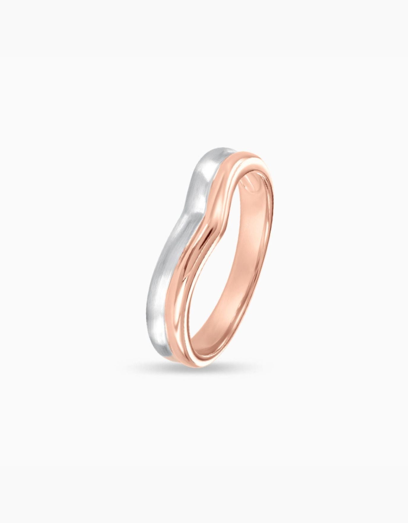 LVC men wedding band designed with a curved arc in white and rose gold for an elegant and modern look seen from different angle