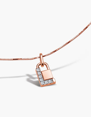 LVC necklace in rose gold with a lock pendant encrusted with diamonds in L shape 
