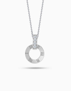 LVC necklace in white gold with 4 diamonds attached with circular pendant with roman numerals