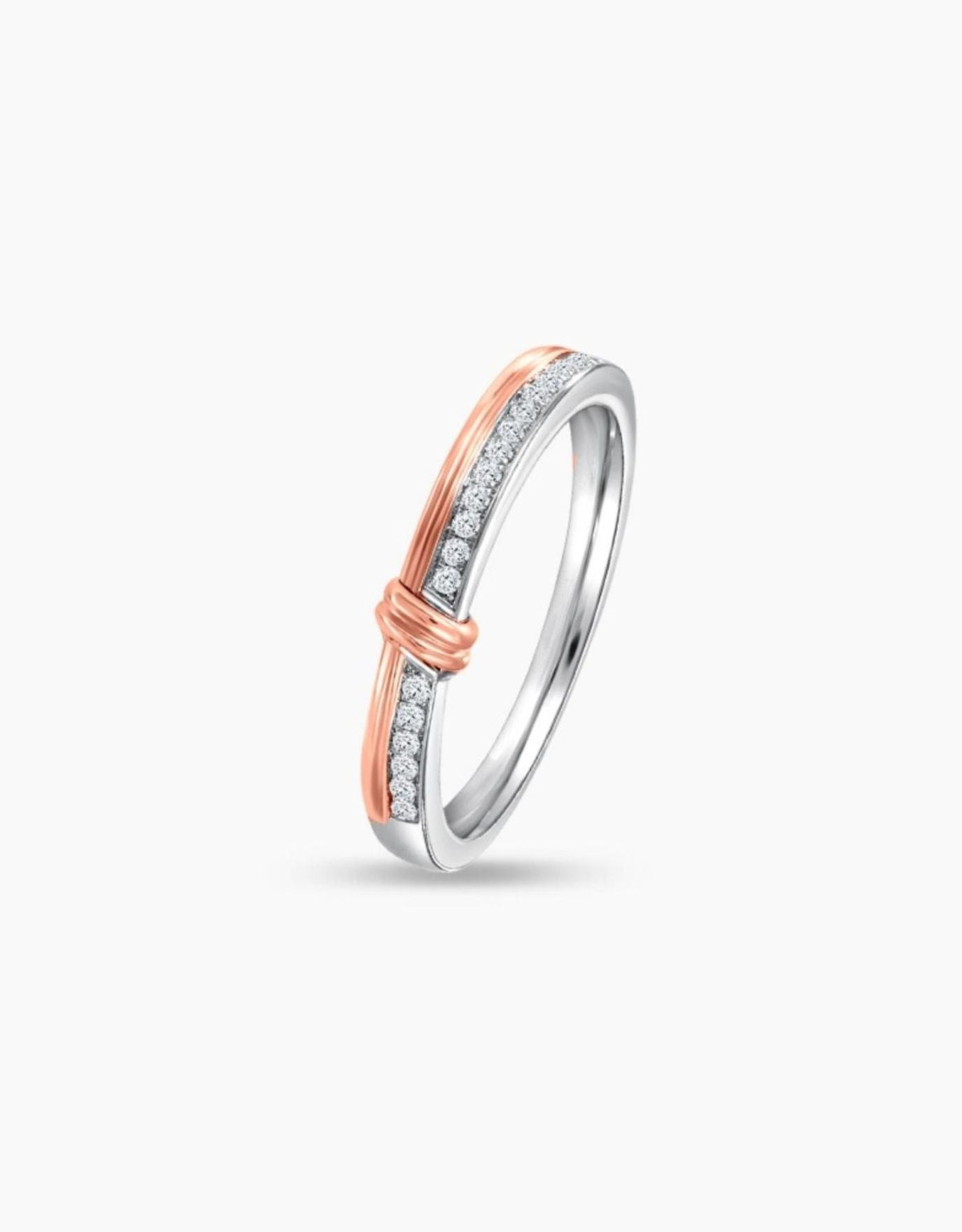 LVC wedding band with diamonds crafted with a perfect balance of white and rose gold seen from different angle