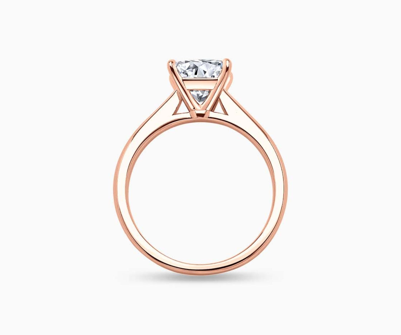 LVC solitaire ring with tapered plain band style that narrows the width towards the mount in rose gold seen from different angle