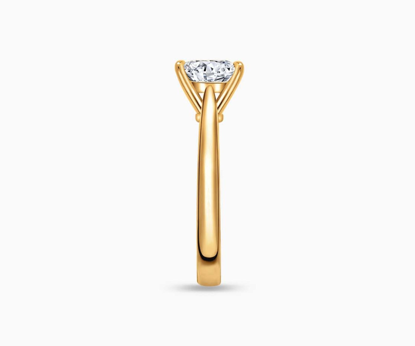 LVC solitaire ring with tapered plain band design which tapers inwards going from thick to thin with a diamond on the centre in yellow gold from side view